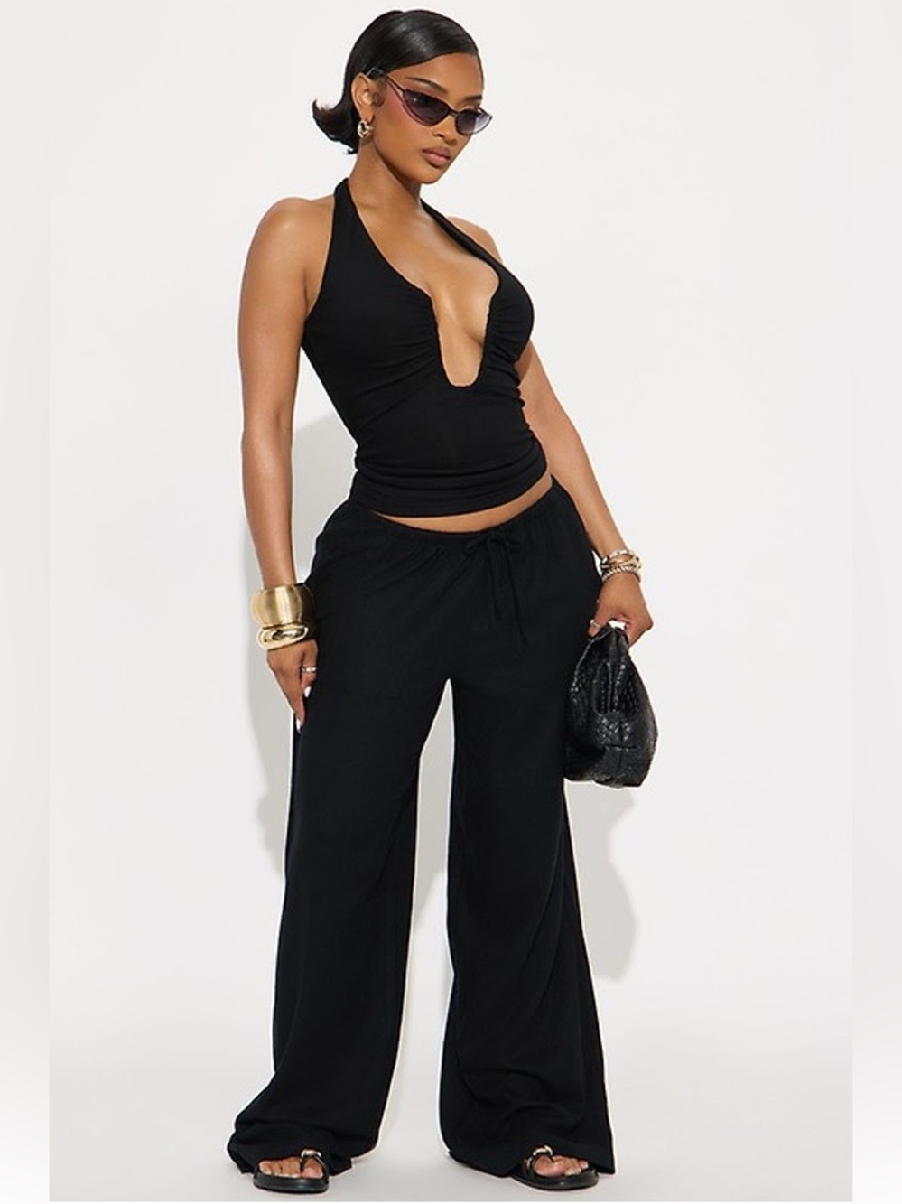 Black Plunge Halter Crop Top - Women's